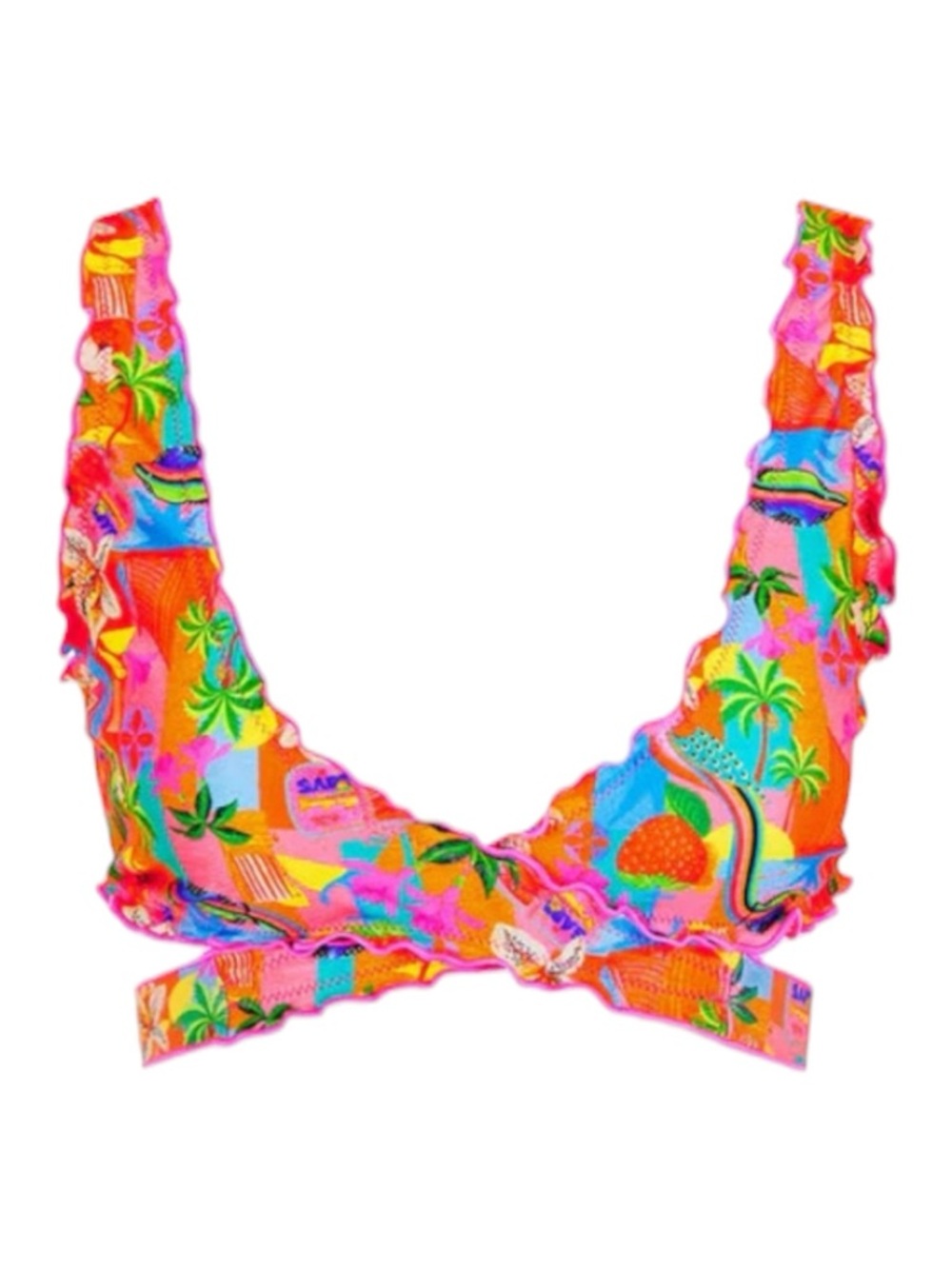 KULANI KINIS Lettuce Edge Wrap Tropical Print Bikini Top